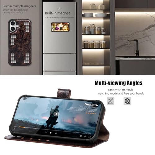 Leather Case Compatible with iPhone 16 Plus Wallet 6.7" | Genuine Leather 2-in-1 Magnetic Detachable Shockproof,Flip Folio Cover with Card Slot,Wireless Charging RFID Blocking Coffee - color: Brown Coffee, size: 16 Plus