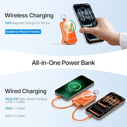 for MagSafe Portable Charger, 10000mAh Power Bank with Built-in 2 Cables - color: Orange