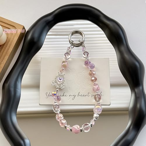 Rhinestone Bead Phone Charm for Women, Butterfly Bow Beaded Wrist Strap Lanyard with Tether Tab – Anti-Theft Hands-Free Detachable Phone Chain Wristlet - color: Pumpkin Carriage Pink