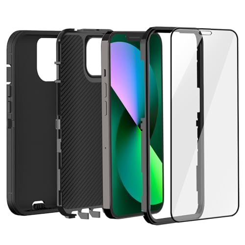 iPhone 13& iPhone 14 Heavy-Duty Case, Military-Grade Shockproof Protection, Includes 2 Tempered Glass Screen Protectors - Black - color: Black