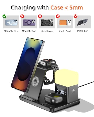 Wireless Charger Samsung Charging Station, with Alarm Clock and Night Light for Samsung S25 S24 S23 S22 Galaxy Watch 8-4 Series, Adapter Included, Black