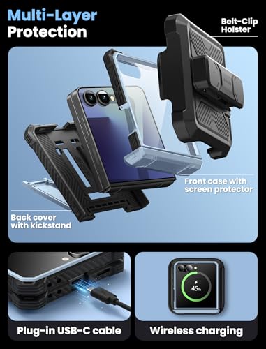 i-Blason for Samsung Galaxy Z Flip 7 Case with Stand & Belt-Clip, Blue | Built-in Screen Protector, Hinge Protection, Belt-Clip, KickStand, Full-Body Protection, Military - color: Tilt