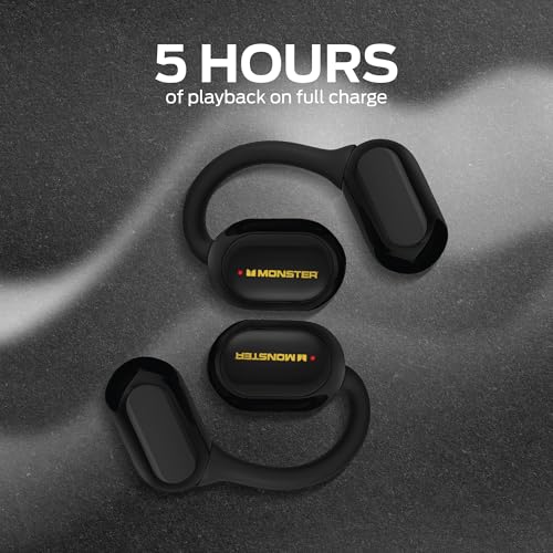 Monster Open Flex Open Ear Wireless Earbuds, Around-Ear Secure Fit Bluetooth Headphones, Earhook Design, Stay Aware While Listening, IPX5 Waterproof, Built-in Mic, Charging Case