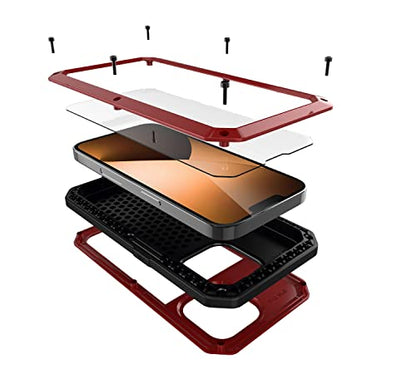 for iPhone 14 Pro Max Case, 360 Full Body Protective Cover Heavy Duty Shockproof Tough Armour Aluminum Metal Case with Silicone Built-in Screen Protector for iPhone 14 Pro Max 6.7" - Red - color: Red