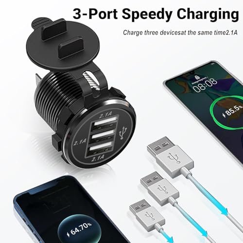 12V USB Outlet, 3 Port Car Charger Socket for Boat Marine RV Truck Golf - color: 2-Pack
