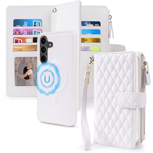 Harryshell Detachable Wallet Case for Samsung Galaxy S25 FE Compatible with Magsafe RFID Blocking Card Slots Removable Phone Cover Zipper Purse Kickstand Wrist Strap for Men Women Quilted White - color: Quilted White