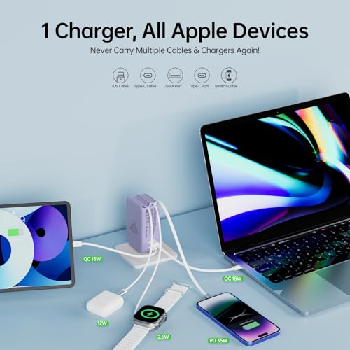 Retractable Apple Watch Charger, 5 in 1 Wall Charger with 3 Retractable Cables for Older iPhones & USB-C Devices, 35W Foldable Charger Block for iPhone 17/16/15/14, iPad, AirPods (Purple) - color: Purple