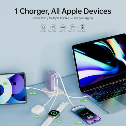 Retractable Apple Watch Charger, 5 in 1 Wall Charger with 3 Retractable Cables for Older iPhones & USB-C Devices, 35W Foldable Charger Block for iPhone 17/16/15/14, iPad, AirPods (Purple) - color: Purple