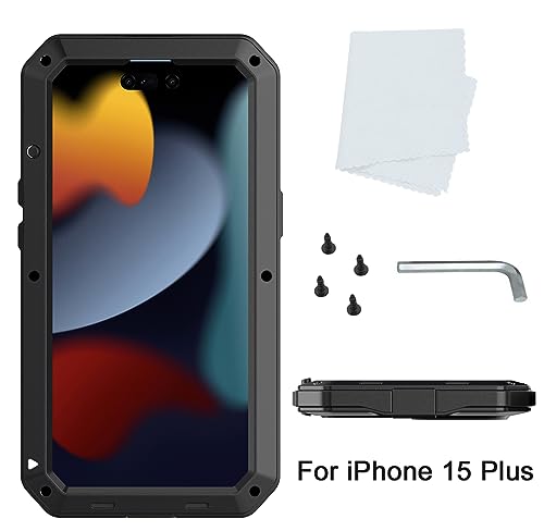 Compatiable with iPhone 15 Plus Case,360 Full Body Protective Cover Heavy Duty Shockproof Tough Armour Aluminum Alloy Metal Case with Silicone Built-in Screen Protector - Black