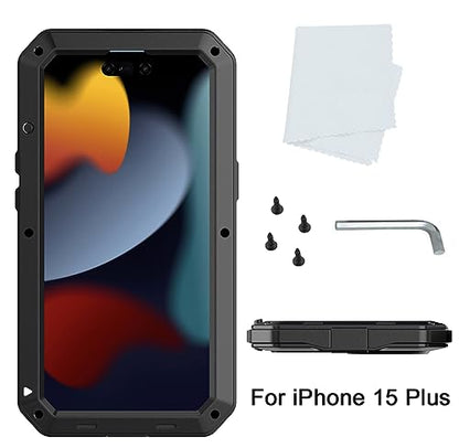 Compatiable with iPhone 15 Plus Case,360 Full Body Protective Cover Heavy Duty Shockproof Tough Armour Aluminum Alloy Metal Case with Silicone Built-in Screen Protector - Black