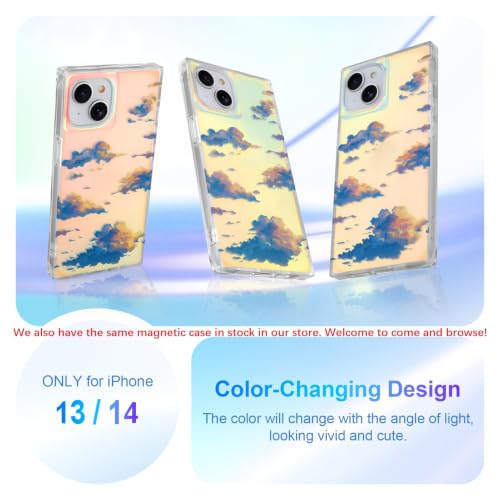 Cute Rectangle Case for iPhone 14 & 13 Case, Iridescent Clouds | Twilight Sun Set Sky Pattern Design, Aesthetic Girly Matte Glitter Protective Phone Cover for Women Girls - size: iPhone 14 / 13