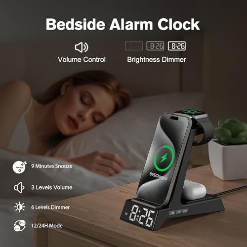 ANJANK 4 in 1 Wireless Charging Station Alarm Clock, Charging Dock for Apple Devices, Charger Stand for iPhone 18 Duo 17 Air 16 15 14 Series for Apple Watch 12 11 10 9 8 7 UItra/SE & AirPods, Dimmable - color: Black