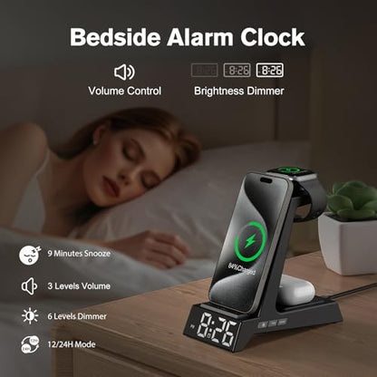 ANJANK 4 in 1 Wireless Charging Station Alarm Clock, Charging Dock for Apple Devices, Charger Stand for iPhone 18 Duo 17 Air 16 15 14 Series for Apple Watch 12 11 10 9 8 7 UItra/SE & AirPods, Dimmable - color: Black