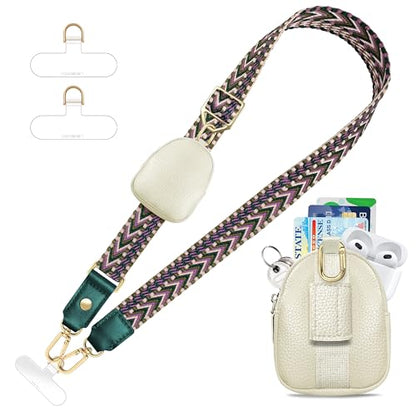 UKON Adjustable Phone Lanyard Crossbody Strap With Wallet Clip-and-Go Strap with Zippered Pouch Widened Phone String for iPhone Hands-Free for Travelling Concerts - color: Purple+beige