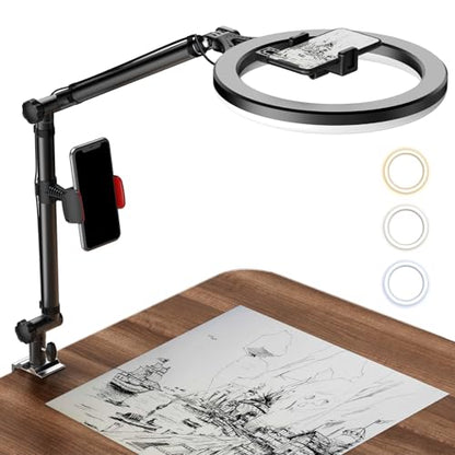 Ring Light with Stand and Phone Holder, USB 10" Ring Light for Desk, Overhead Camera Mount with Ringlight, Desk Lamp with Clamp for Photography/Makeup/Live StreamVideo/YouTube