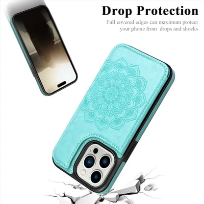MMHUO iPhone 15 Pro Wallet Case With Card Holder, Flower Magnetic Back Flip Protective Case for Women, Mint - color: Mint, size: Iphone 15 Pro 6.1"-(S)(Three Cameras)