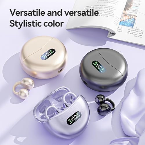 Open Ear Clip Headphones Wireless Earbuds Bluetooth 5.4 Sports Earphones Wireless Charging Case & LED Power Display Waterproof Fitness Headphones for Running (Yellow) - color: Yellow