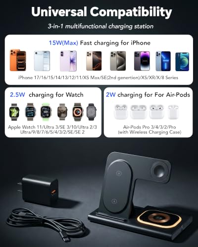 3 in 1 Foldable Charging Station for Apple Wireless Charger - color: Black