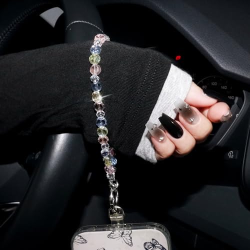 Sparkle Crystal Pearl Phone Wrist Strap for Women, Sparkling Beaded Cellphone Lanyard Chain - color: Pink+blue