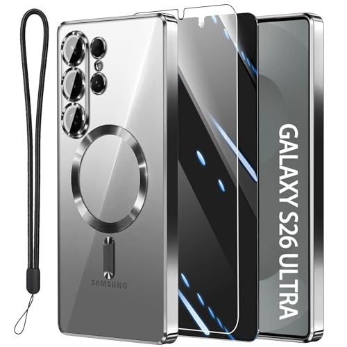Magnetic for Samsung Galaxy S26 Ultra Case with 2X Screen Protector & Full Camera Cover [Fit for MagSafe] Metal Glossy Soft Shockproof Clear Case for Galaxy S26 Ultra Girl Women-Silver. - color: Silver, size: for Samsung Galaxy S26 Ultra