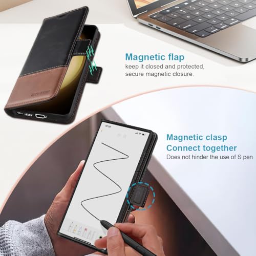 KEZiHOME Genuine Leather Wallet Case for Samsung Galaxy S25 Ultra | Black/Brown, RFID Blocking, S25 Ultra Wallet Case, Card Slot, Flip, Magnetic Stand Phone Cover Compatible with S25 Ultra - color: Black/Brown, size: Galaxy S25 Ultra Case