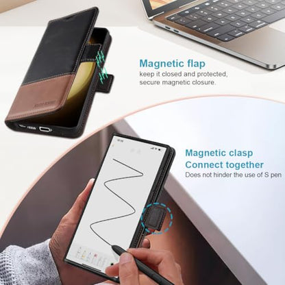 KEZiHOME Genuine Leather Wallet Case for Samsung Galaxy S25 Ultra | Black/Brown, RFID Blocking, S25 Ultra Wallet Case, Card Slot, Flip, Magnetic Stand Phone Cover Compatible with S25 Ultra - color: Black/Brown, size: Galaxy S25 Ultra Case