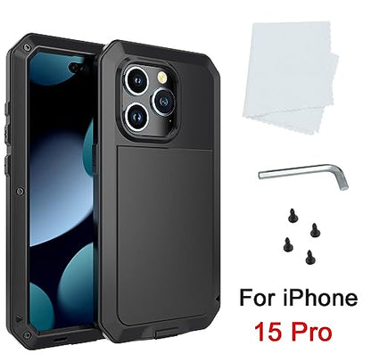 Compatiable with iPhone 15 Pro Case,360 Full Body Protective Cover Heavy Duty Shockproof Tough Armour Aluminum Alloy Metal Case with Silicone Built-in Screen Protector - Black - color: Black