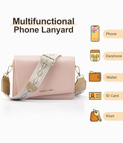 TiMOVO Clip and Go Phone Strap Crossbody with Leather Wallet, Adjustable Anti-Theft Lanyard with Pouch for Most Phone Case - color: Khaki + Beige