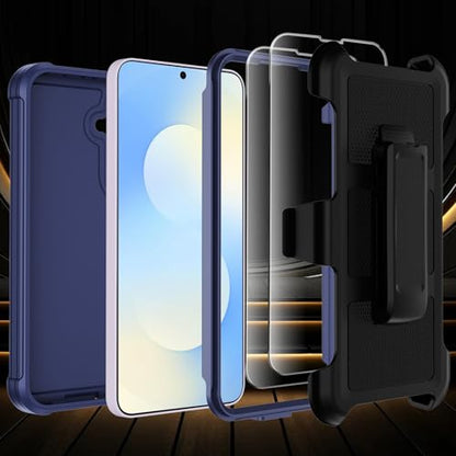 for Samsung Galaxy S25 FE Case with Belt Clip Holster,Military Grade Anti-Drop Shockproof Defender Phone Cases 2X Screen Protectors,2 Layers Rugged Heavy Duty Protective Bumper Cover (Blue) - color: Blue