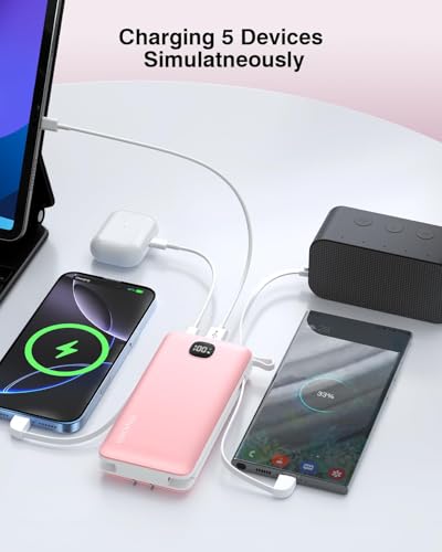 penaover Portable Charger with Built-in Cables&AC Wall Plug,5 Output 2 Input 20000mAh Power Bank,22.5W Fast Charging Battery Pack with LED Display,Compatible with iPhones,Android, Samsung etc,Pink - color: Pink
