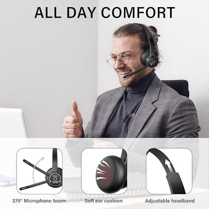 Bluetooth Headset with Noise Cancelling Microphone: Wireless Headphones with Mic Mute Charging Dock and USB Dongle for Work from Home/Office/PC/Computer/Laptop/Call Center/Zoom/Teams