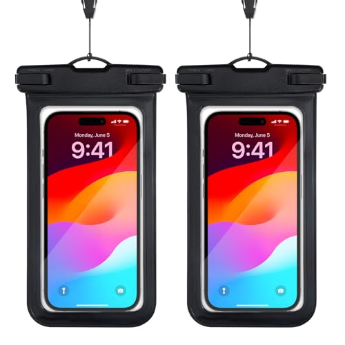 Waterproof Cell Phone Bag Black 2 Pack | Waterproof Phone Pouch for 7" Phones, Touch Sensitive Clear Case, Lanyard, Beach Swimming - color: Black