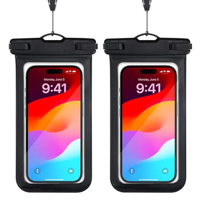 Waterproof Cell Phone Bag Black 2 Pack | Waterproof Phone Pouch for 7" Phones, Touch Sensitive Clear Case, Lanyard, Beach Swimming - color: Black