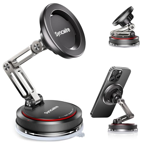 SYNCWIRE for MagSafe Car Mount [3-Axis] Nano Adhesive Gel + Strong Suction Cup Magnetic Phone Holder for Dashboard & Windshield, 360° Adjustable for iPhone 17 16 15 14 13 12, Samsung, Matte Black - color: Black