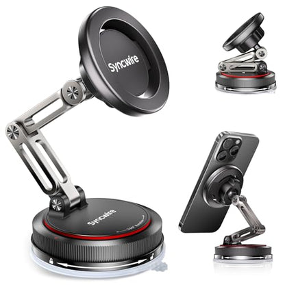 SYNCWIRE for MagSafe Car Mount [3-Axis] Nano Adhesive Gel + Strong Suction Cup Magnetic Phone Holder for Dashboard & Windshield, 360° Adjustable for iPhone 17 16 15 14 13 12, Samsung, Matte Black - color: Black
