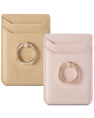 Card Holder for Phone Case 2Pc, RFID Leather Phone Wallet with Ring | Phone Wallet Stick On Back Of Phone Case.Credit Card/ID/Pocket Phone Card Holder for iPhone Andriod. Viewing Freely - color: Gold+Pink