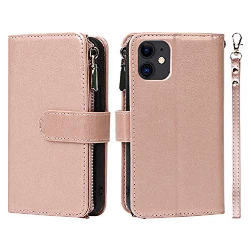 iCoverCase for iPhone 12 Mini Wallet Case with Card Holder and Wrist Strap, PU Leather Kickstand Card Slots Zipper Pocket Magnetic [Detachable] Flip Cover Case 5.4 Inch (Rose Gold) - color: Rose Gold