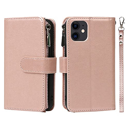 iCoverCase for iPhone 12 Mini Wallet Case with Card Holder and Wrist Strap, PU Leather Kickstand Card Slots Zipper Pocket Magnetic [Detachable] Flip Cover Case 5.4 Inch (Rose Gold) - color: Rose Gold