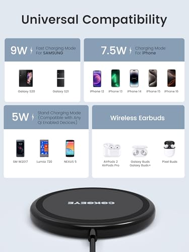 COKOEYE Wireless Charger, 15W Max Fast Wireless Charging Pad 2-Pack Compatible with iPhone 17/17 Air/17 Pro/17 Pro Max/16/15/14/13/12/Samsung S24/S24Ultra/S23Ultra/S22/S21,AirPods Pro2 - color: Black