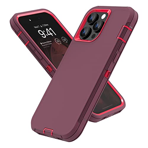 Sansunto Case for iPhone 14 Pro Max, Heavy Duty Defender Shockproof Protective Cover, Dual-Layer Rugged Bumper Phone Case, 6.7 inch. (WineFushcia) - color: WineFushcia