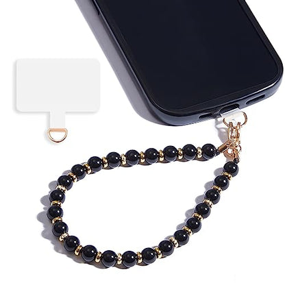 Marble Beaded Phone Wrist Strap for Women, Detachable Design - color: Obsidian-black