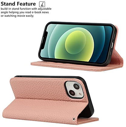 iCoverCase Compatible with iPhone 13 Wallet Case with Credit Card Holder and Wrist Strap, RFID Blocking Genuine Leather Flip Magnetic Phone Cover 6.1 Inch (Pink) - color: 1-Pink (No Headphone Storage Belt), size: iPhone 13