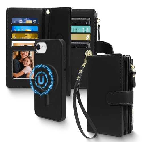 Magnetic Case for iPhone 16E Wallet Compatible with Magsafe RFID Blocking Card Holder Detachable Phone Cover Kickstand Snap Strap Zipper Pocket PU Leather (Black) - color: Black, size: iPhone 16e