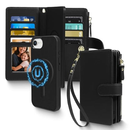 Magnetic Case for iPhone 16E Wallet Compatible with Magsafe RFID Blocking Card Holder Detachable Phone Cover Kickstand Snap Strap Zipper Pocket PU Leather (Black) - color: Black, size: iPhone 16e