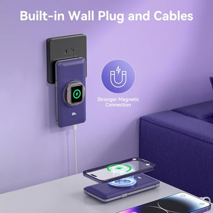 Magnetic 10000mAh Portable Charger for iWatch & iPhone, PD Fast Charging Wireless Power Bank Built-in Cables and Wall Plug, External Travel Battery Pack Compatible with iOS Android Phones - color: Dark Blue