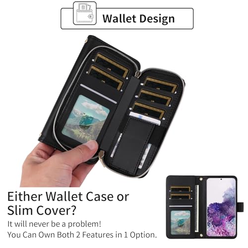 Wallet Case for Samsung Galaxy S20 5G 6.2 inch with Wrist Strap, Crossbody Shoulder Strap, Luxury PU Leather Stand Cell Phone Cover with 9+ Card Slots for S 20 20S UW S2O G5 Women Black | Girls, Wrist/Shoulder Strap, 9+ Card Slots, Zipper Purse, Luxury PU