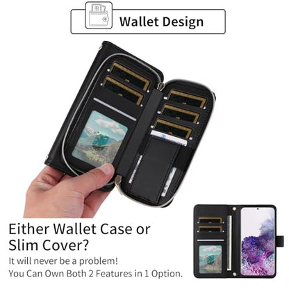 Wallet Case for Samsung Galaxy S20 5G 6.2 inch with Wrist Strap, Crossbody Shoulder Strap, Luxury PU Leather Stand Cell Phone Cover with 9+ Card Slots for S 20 20S UW S2O G5 Women Black | Girls, Wrist/Shoulder Strap, 9+ Card Slots, Zipper Purse, Luxury PU