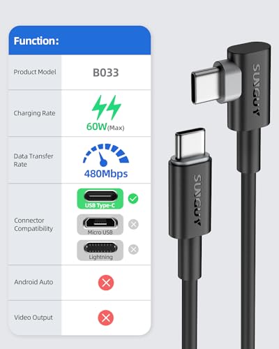 SUNGUY USB-C to USB-C Cable, 2 Pack 4FT Right Angle 60W PD Charger for iPhone 17 16 15 Pro Max, Galaxy S23/S21/Fold 3, MacBook Air/Pro, iPad Pro 2020 - color: Black, size: 4ft