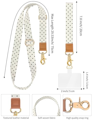 Phone Lanyard Crossbody Strap, Adjustable Neck Strap and Wristlet Strap for Phone Wallet ID Badge with 2 Phone Tabs - color: Beige Polka Dots