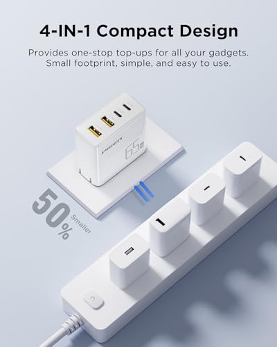 PISEN 65W USB C Fast Charger - 4FT USB-C Cable, 4-Port Compact Foldable GaN Charger, PPS for MacBook Pro/Air, iPad Pro, Galaxy S23, iPhone Series
